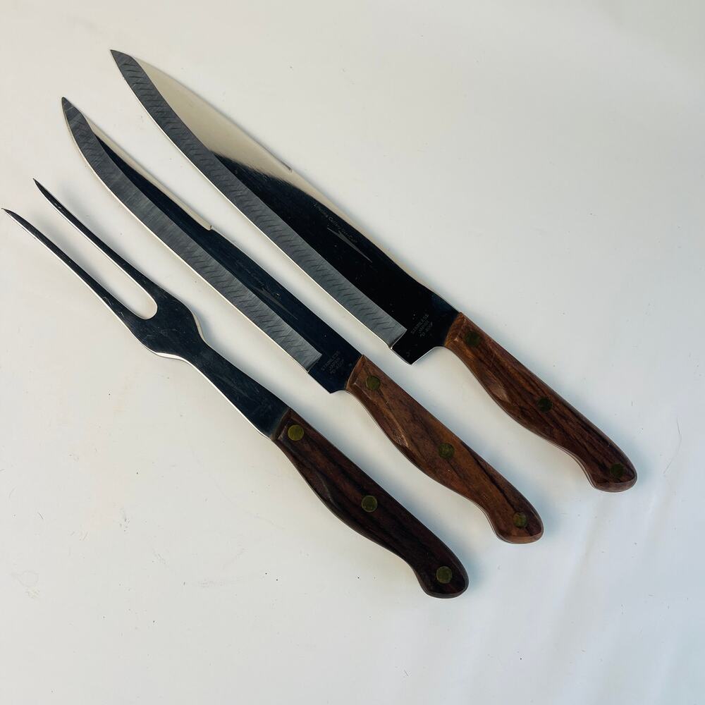 Lifetime Cutlery Jet Cut Stainless Steel Japan D-40 Wood Handles 3 Piece Cutlery